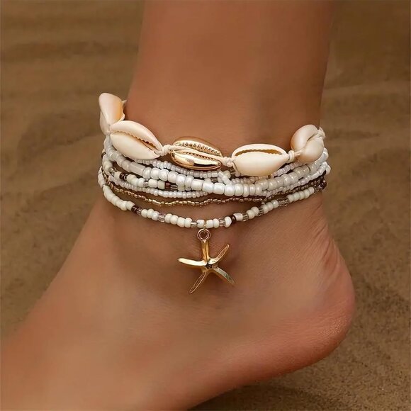 Women Boho Shell Anklet Set Beaded Starfish Adjustable Beach Foot Jewelry - Picture 5 of 7